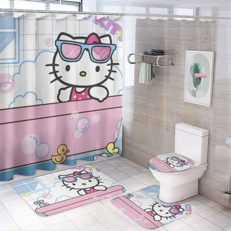 a bathroom with hello kitty shower curtain and rugs