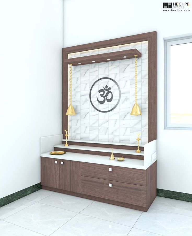 a white and brown room with a sign on the wall that says om shanti