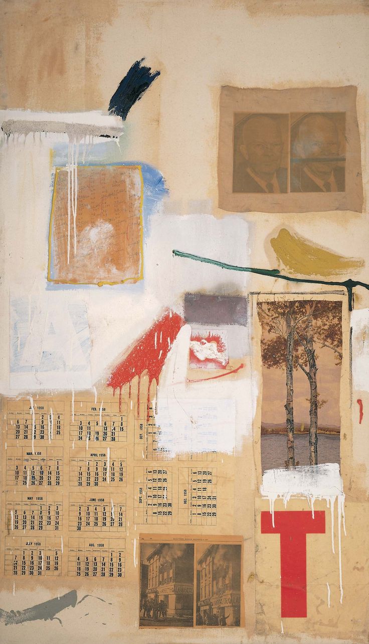 an abstract painting with various pictures and words on the wall, including a bird sitting on top of a window sill