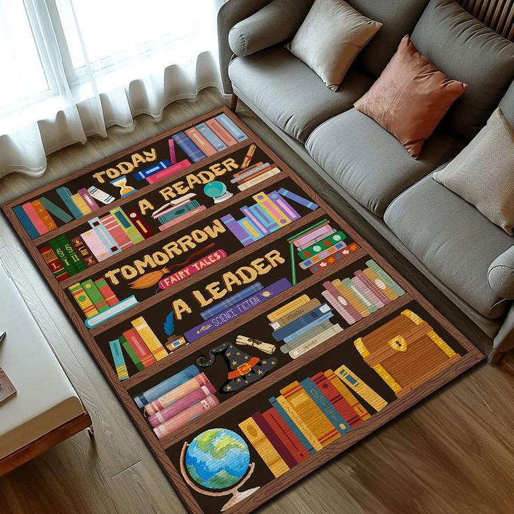 a living room area rug with books on it and the words today is a reader tomorrow is a leader