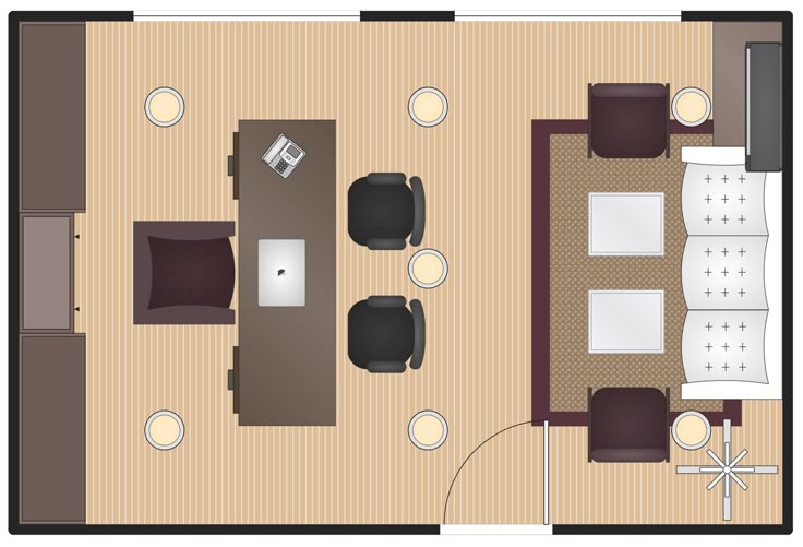 an overhead view of a living room and dining area with couches, coffee table, chairs, television