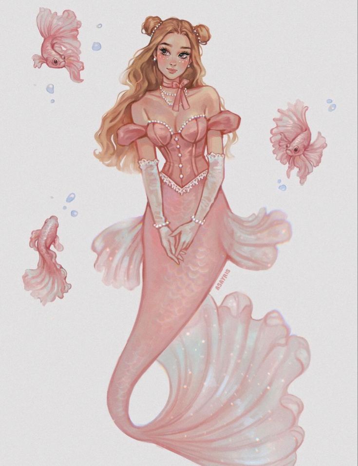 a drawing of a mermaid with pink hair and pearls on it's tail, standing in