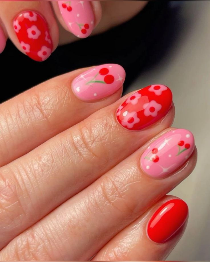 Natural Nail Summer Designs, Kid Nail Designs Cute, Peony Nail Art, Nail Art On Pink Nails, Nail Art For Short Nails Easy, Simple Cherry Nails, Brown Flower Nails, Easy Gel Nail Designs, Kid Nails