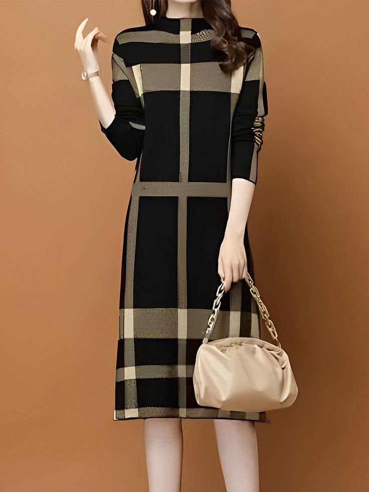 Come to Stylewe to buy Sweater Dresses at a discounted price, SPU: 11RSW9131AF, Color: Black, Activity:Daily, Theme:Autumn. Plain Midi Dress, Sweater Midi Dress, Winter Model, Plaid Sweater, Urban Dresses, Sweater Dress Midi, Long Sleeve Plaid, Women Sleeve, Long Sleeve Midi