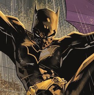 batman in the rain with his bat extended and hands out to grab something from his chest