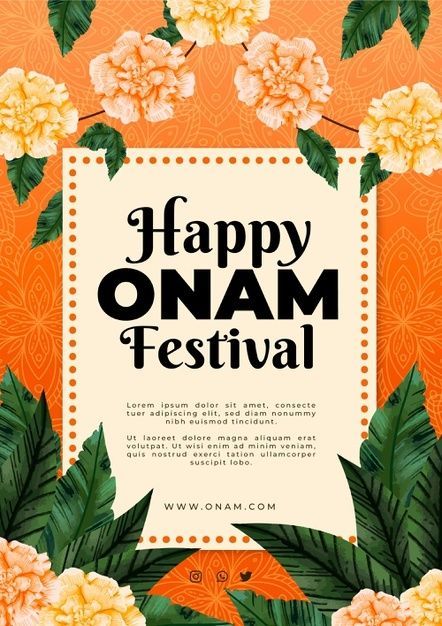 the happy onam festival poster with flowers and leaves in orange background, for an upcoming event