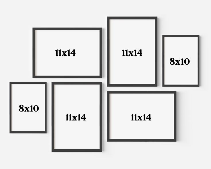 six black and white photo frames with the measurements for each frame in front of them