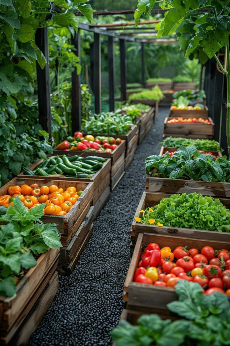 several wooden boxes filled with lots of different types of fruits and vegetables in the garden