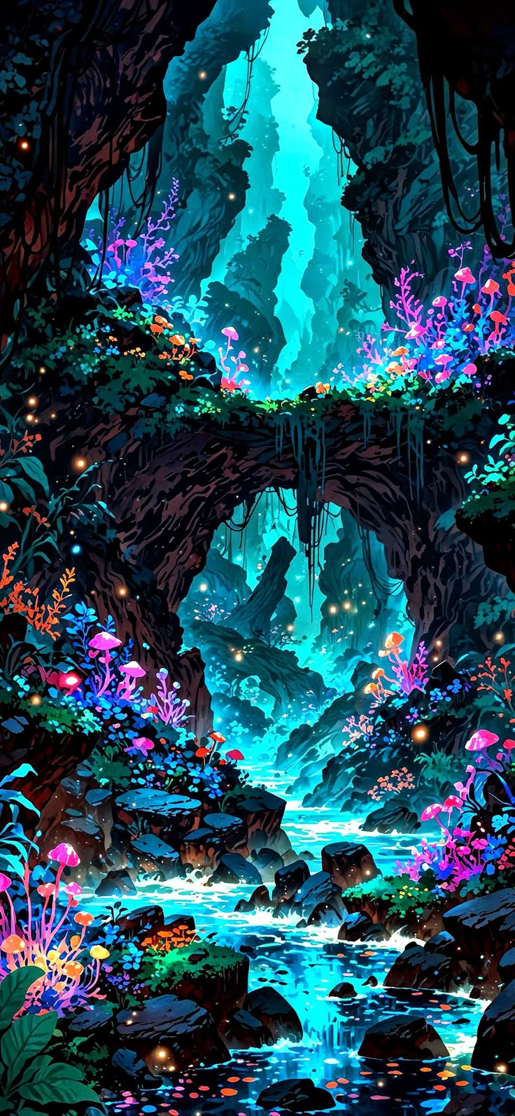 an image of a fantasy forest scene with stream and waterfall in the foreground at night