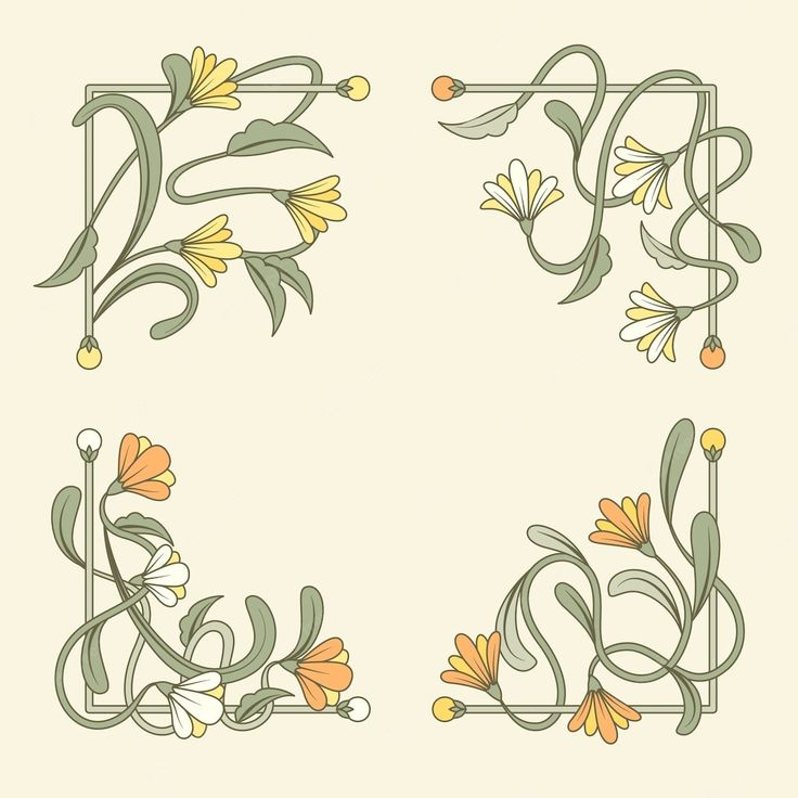 four different floral designs in the shape of an e - frame, with leaves and flowers on