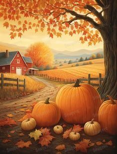 a painting of pumpkins on the ground in front of a tree and farm house