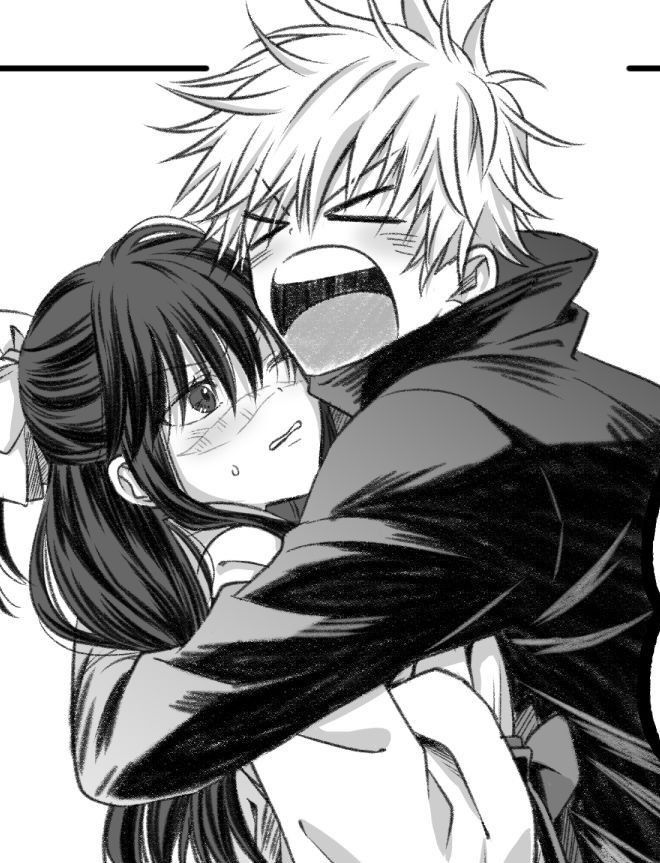 two anime characters hugging each other in black and white