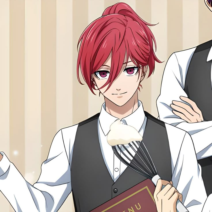 an anime character with red hair holding a book and utensils in his hand