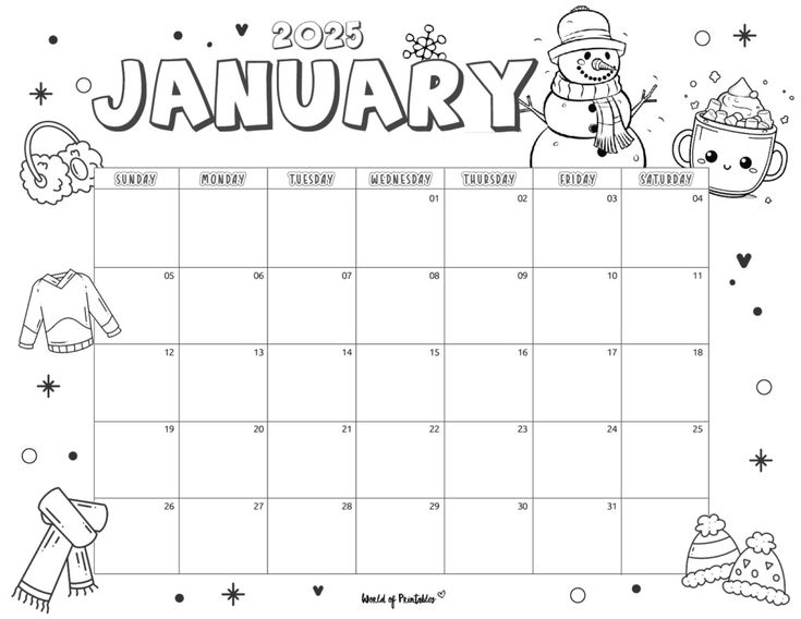 a calendar with the word january on it and pictures of snowmen, hats, mittens