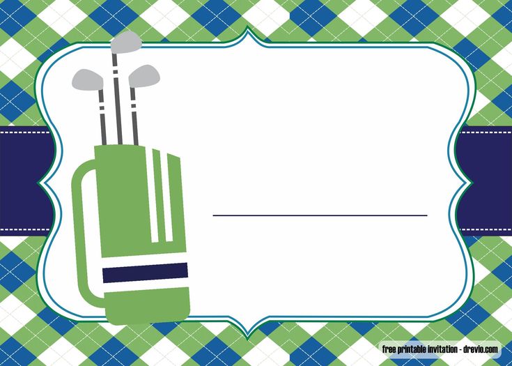 a green and blue golf bag on a checkered background with a name tag in the middle