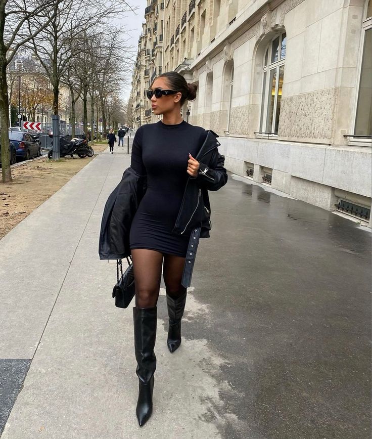 Outfits With Long Leather Boots, Leather Heel Boots Outfits, Sleek Birthday Outfit, Black Croc Knee High Boots Outfit, Ny Dinner Outfit, Black Tall Heel Boots Outfit, Black Dress With Over The Knee Boots, Black High Boots Outfit Fall, Outfit With Leather Boots