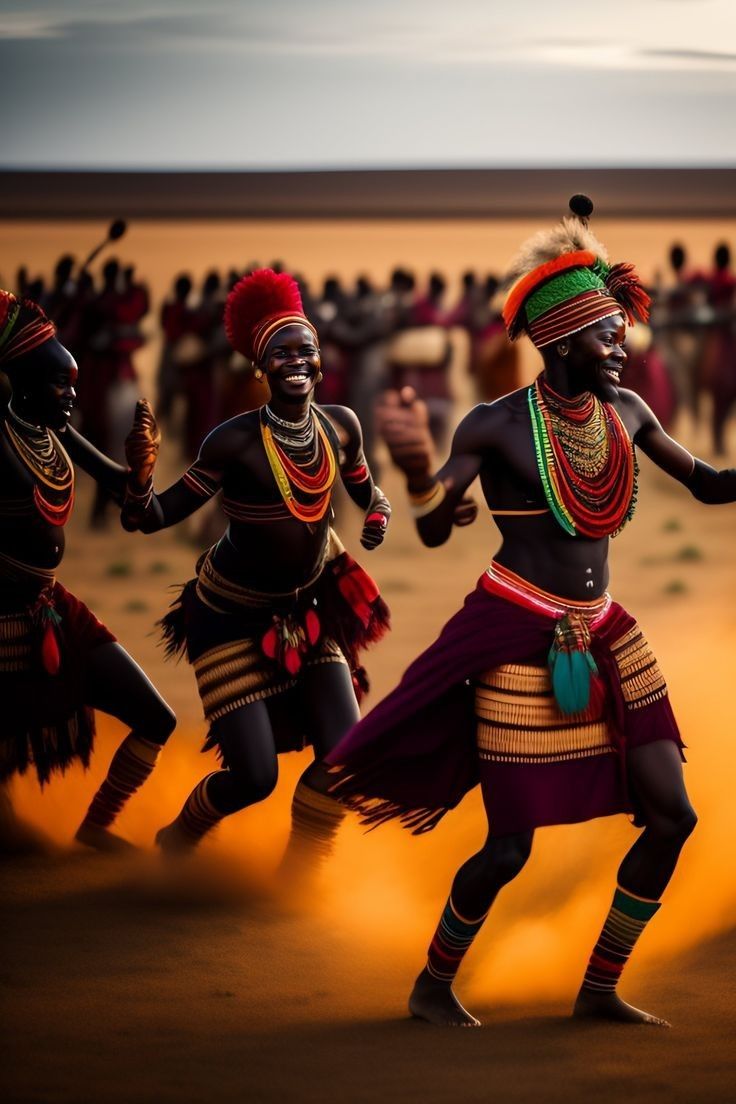 some people are dancing in the desert with their heads turned to look like they're from africa