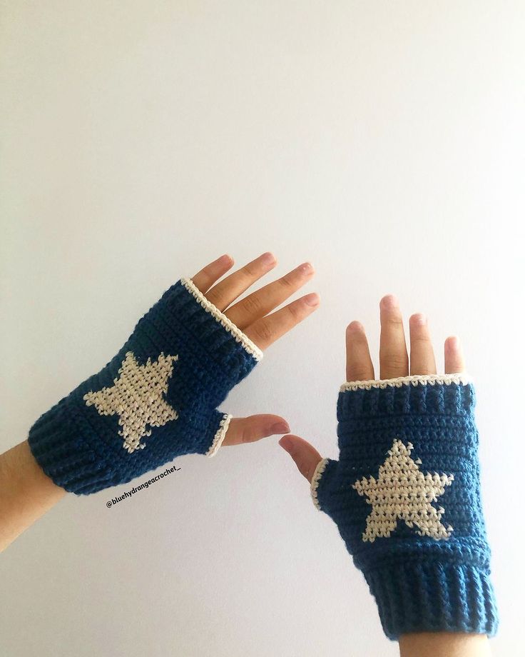 two hands wearing blue knitted mitts with white stars on them, one holding the other