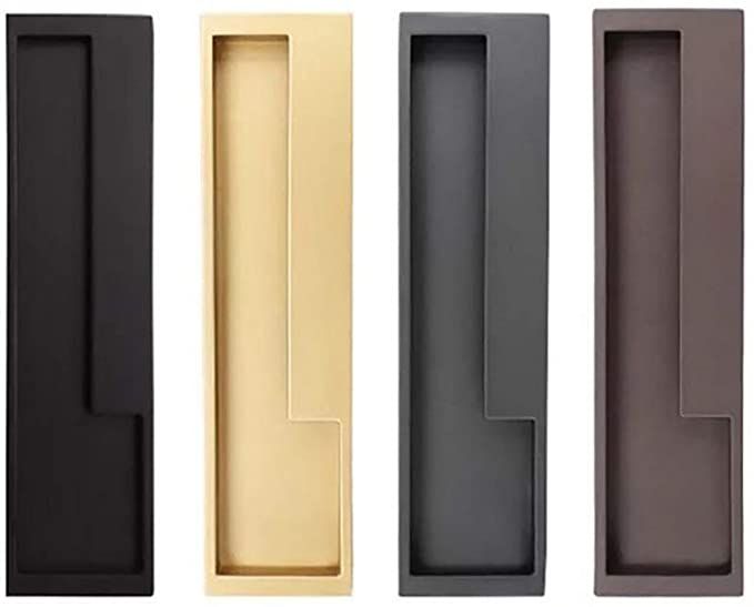 four different colors of door handles on white and black doors, each with an open drawer