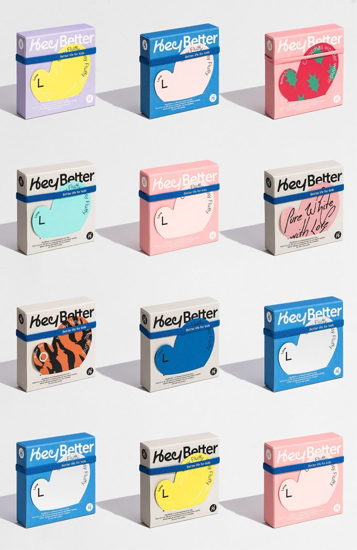 six different boxes with the same name on them, all in different colors and shapes