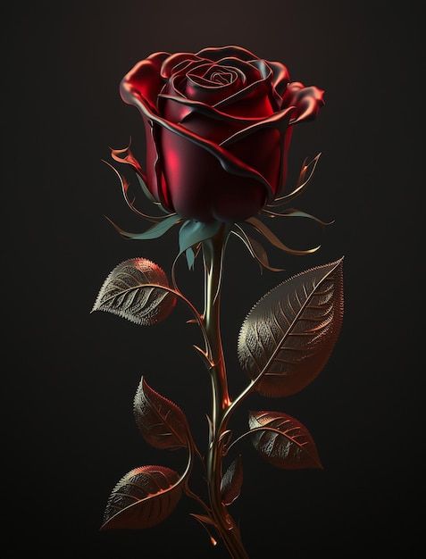 a red rose with green leaves on a black background