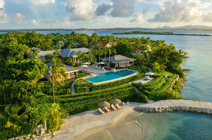 an aerial view of a tropical island resort