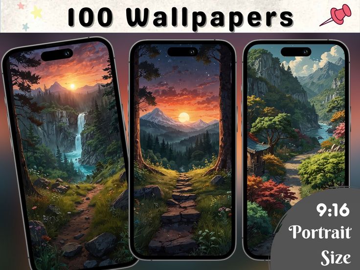 three iphone cases with an image of mountains and trees on them, one is showing the sunset