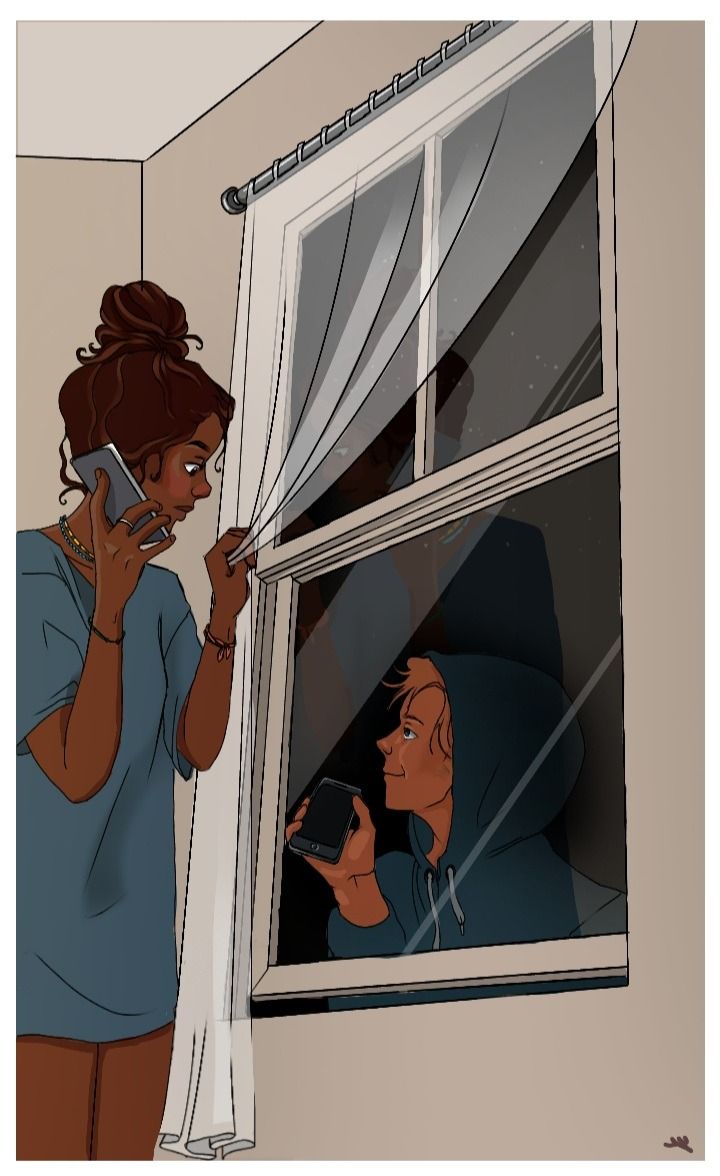 a woman is talking on her cell phone while looking out the window at another person