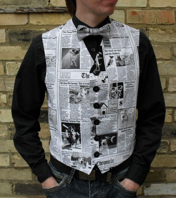 a man wearing a newspaper print shirt and bow tie