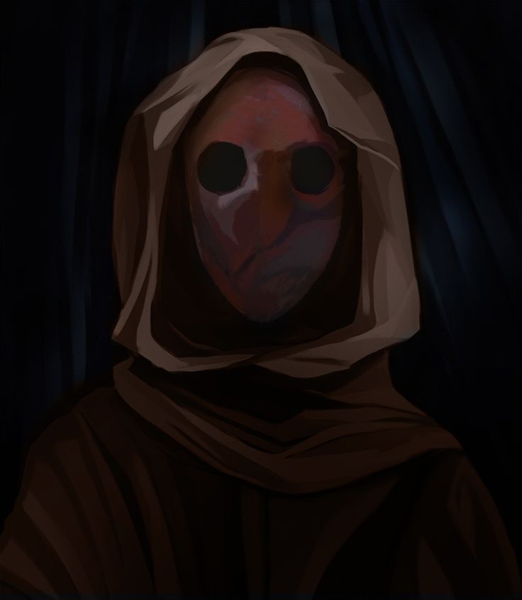 a painting of a person wearing a red hoodie with black eyes and a dark background