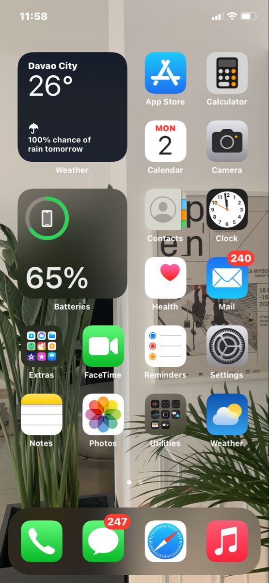 an iphone screen showing the home screen with various icons on it and in front of a potted plant