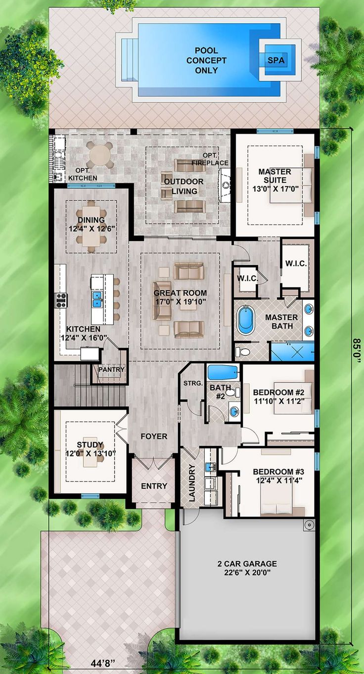 the floor plan for this modern house is very large and has two pools on each side