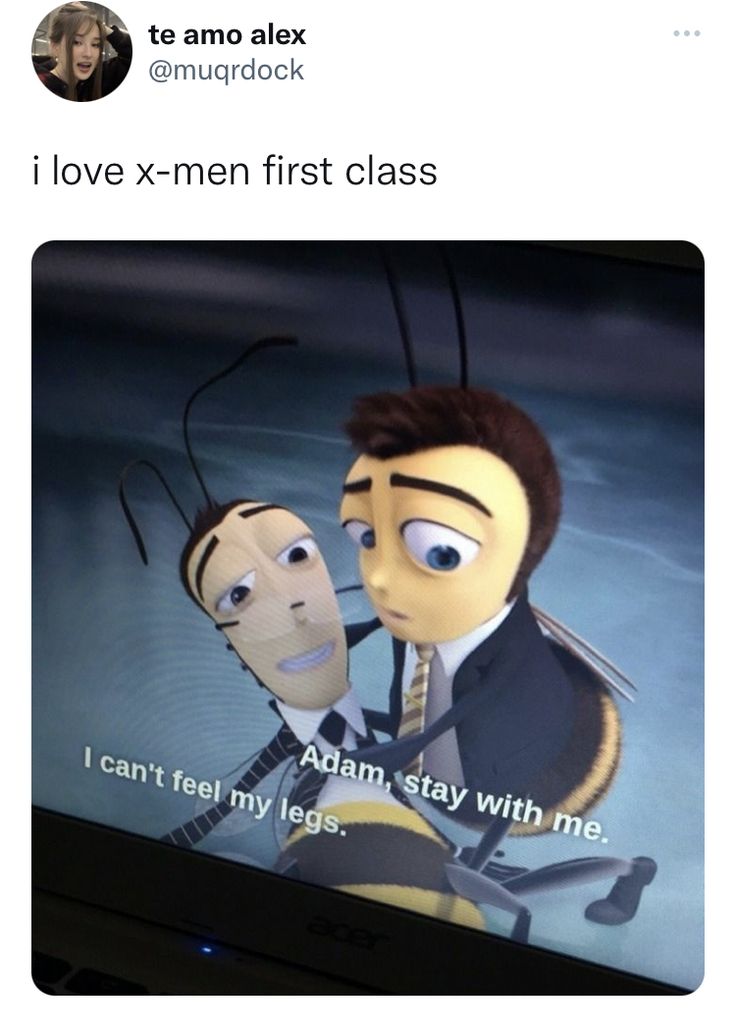 an image of a cartoon character on the screen with caption that reads, i love x - men first class i can't tell my legs stay with me