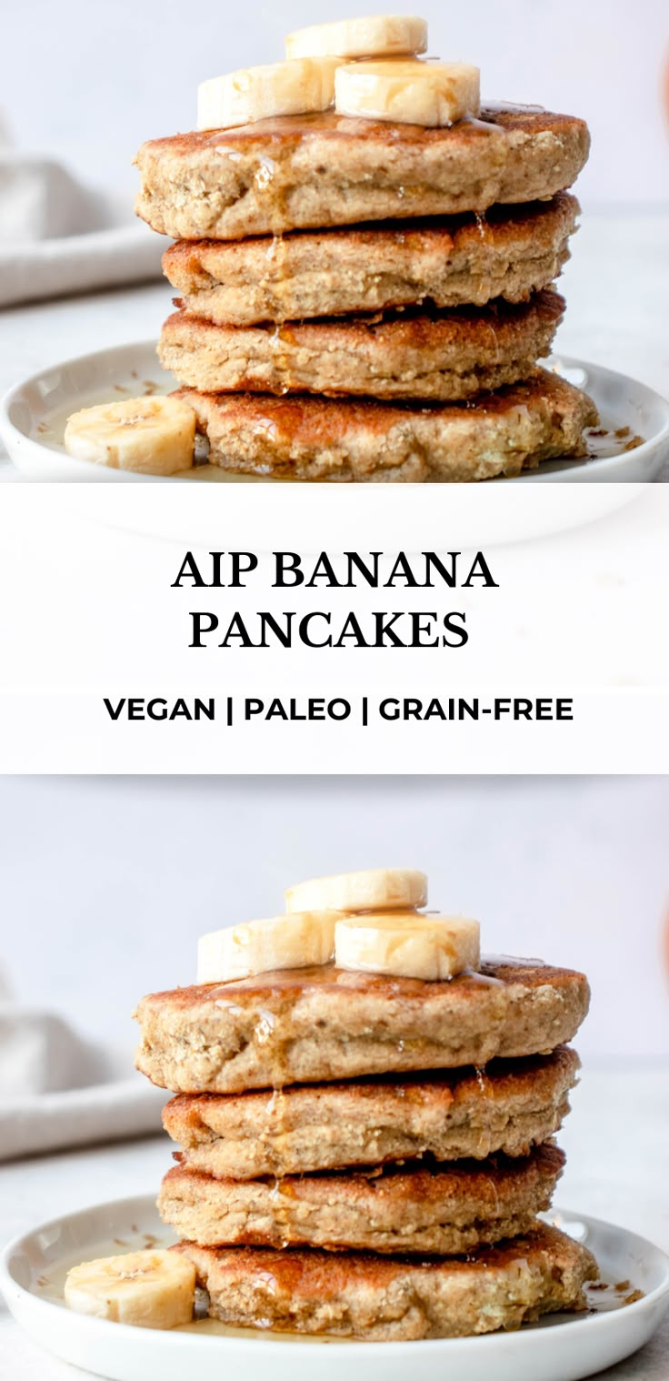 pancakes stacked on top of each other with bananas