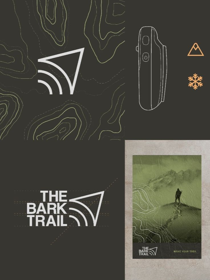 the bark trail logo and brochure designed by graphic design studio, with an image of a man standing on top of a mountain