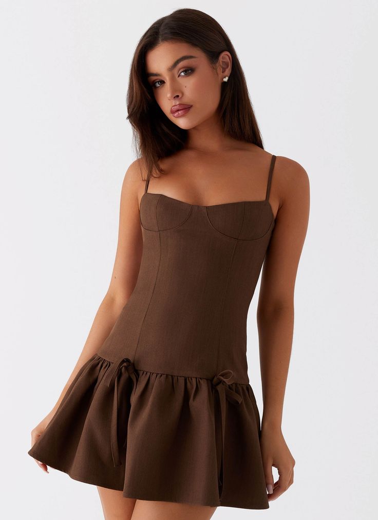 Running Late Mini Dress - Chocolate Hen Party Outfits, Chocolate Chocolate, Running Late, Grad Dresses, Hoco Dresses, Guest Outfit, Brown Dress, Cutout Dress, Sheer Dress