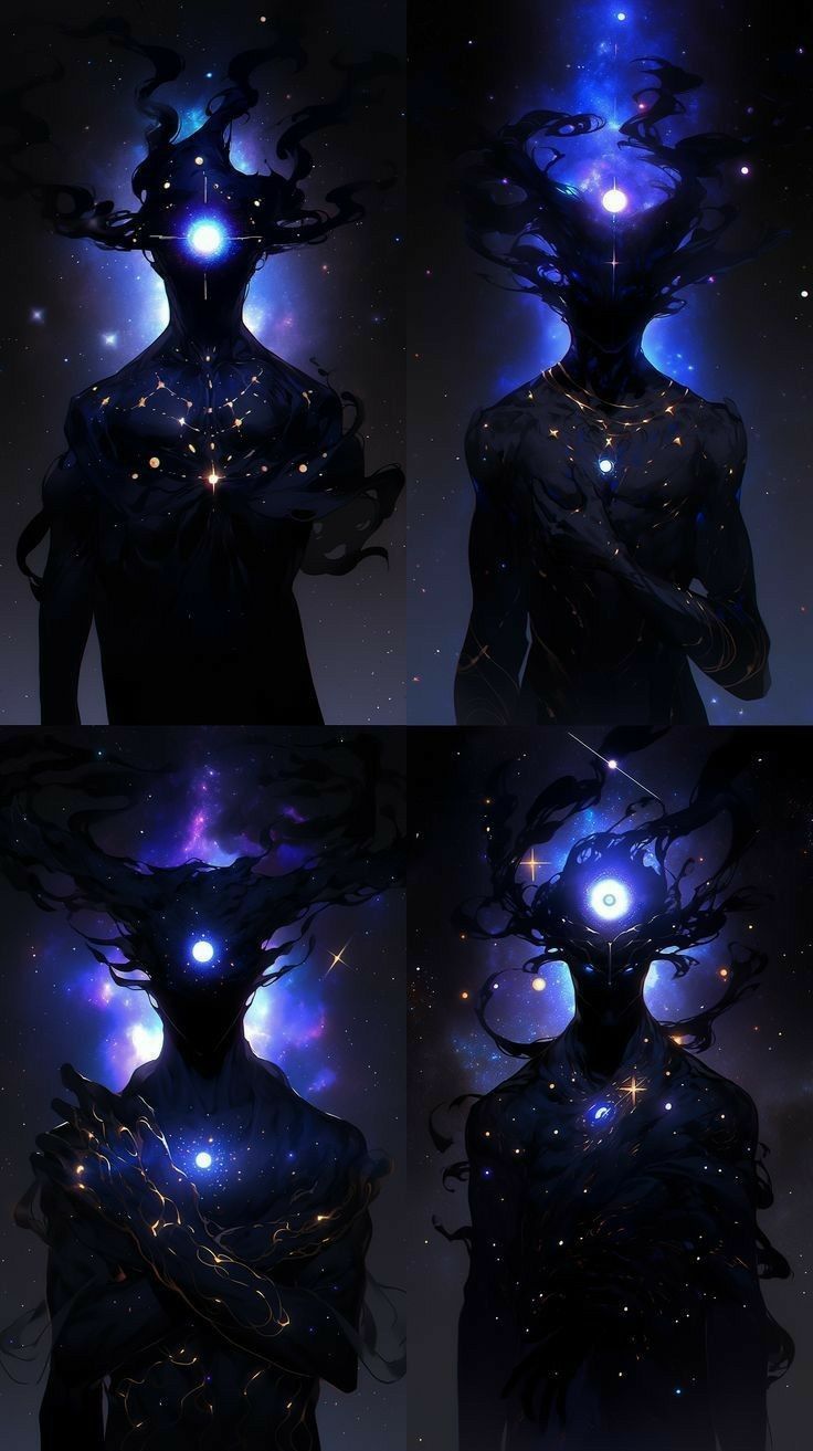 multiple images of an alien woman with blue eyes and stars on her head, in the dark