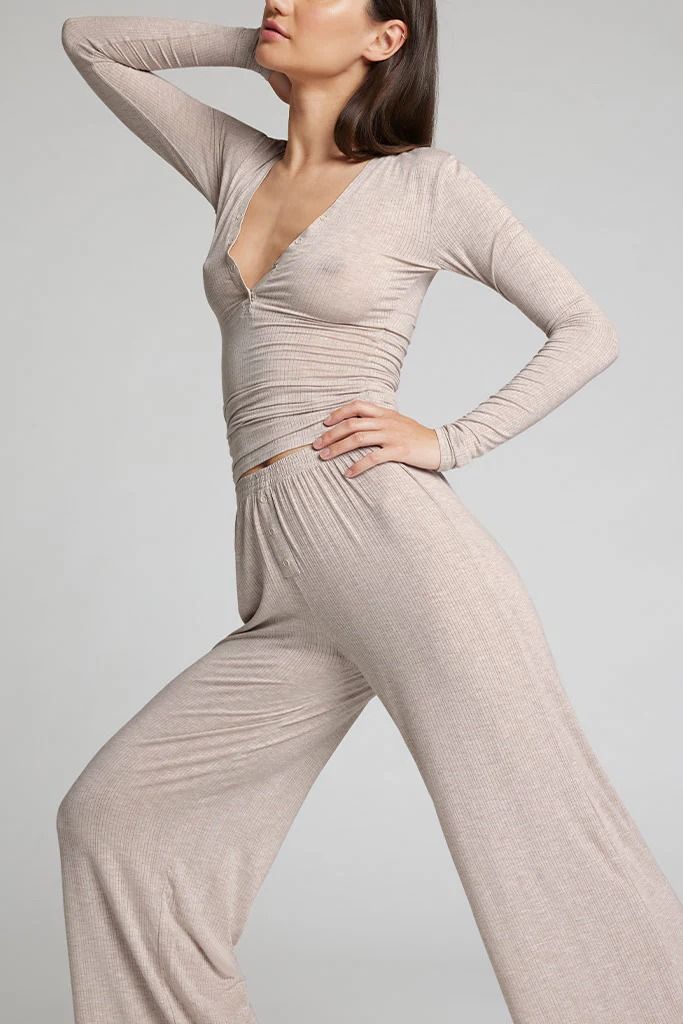 Negative | Whipped Henley in Sand – Negative Underwear Stretch V-neck Sleep Top, Elegant V-neck Sleepwear For Relaxation, Stretch V-neck Sleepwear, Elegant Long Sleeve Tops For Lounging, Fitted Beige V-neck Sleepwear, Fitted Seamless V-neck Sleepwear, Elegant Beige V-neck Sleepwear, Modal V-neck Top For Loungewear, Stretch V-neck Top For Sleep