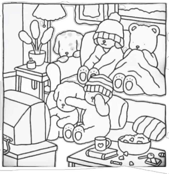 a black and white drawing of two teddy bears sitting on a couch in a living room