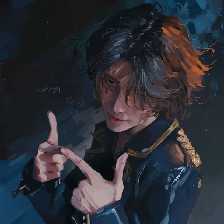 a painting of a person making the peace sign with their hands and wearing a black jacket