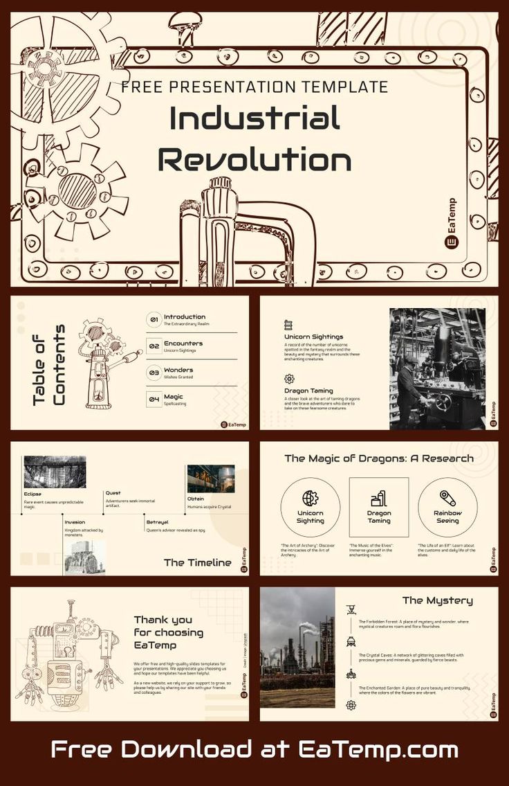 the industrial revolution powerpoint presentation template is shown in this image, and includes diagrams for each