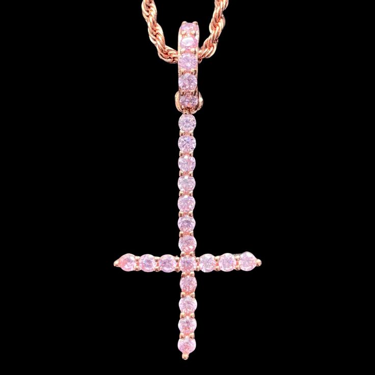 "Rose & Pink Cross Necklace *1.5\" upside-down cross pendant *Rose gold plated with prong set cubic zirconia *Comes with your choice of stainless steel chain" Pink Cross Necklace, Pink Cross, Star Chain, Cubic Zirconia Necklace, Cross Chain, Cross Earrings, Rope Chain, Steel Chain, Stainless Steel Chain