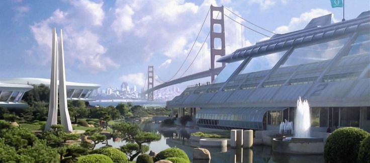 an artist's rendering of a futuristic city with water and trees in the foreground