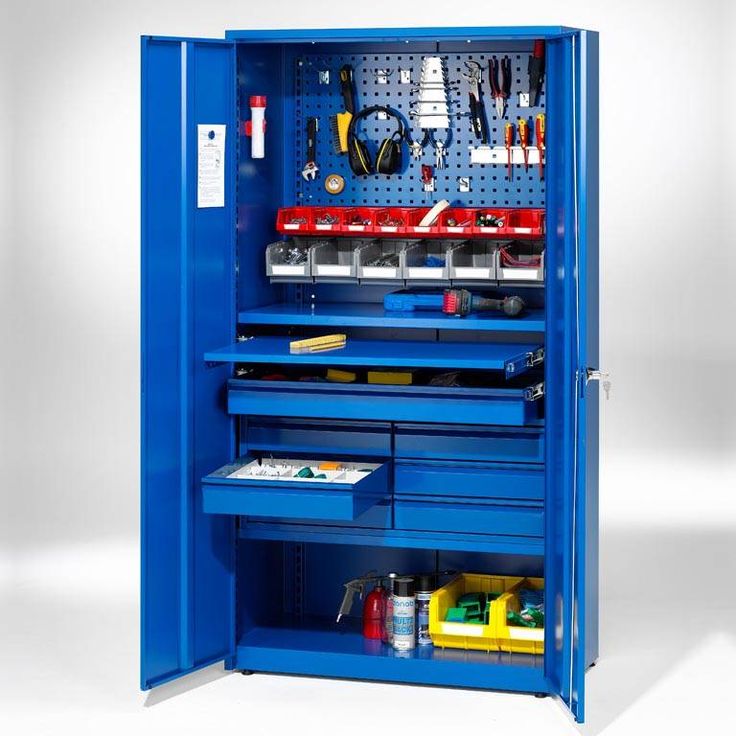 a blue tool cabinet filled with lots of tools