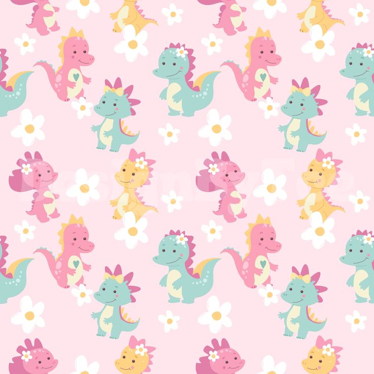 a pink background with colorful dinosaurs and daisies on the bottom, in pastel colors