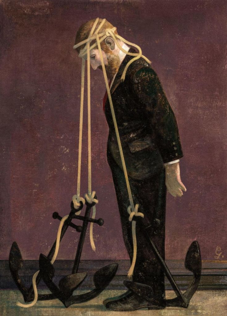 a painting of a man with ropes on his head and an anchor in front of him