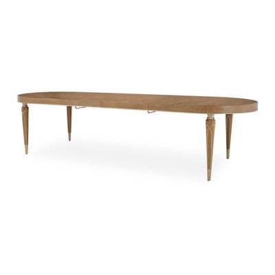 an oval wooden table with two legs and a long, narrow top on white background