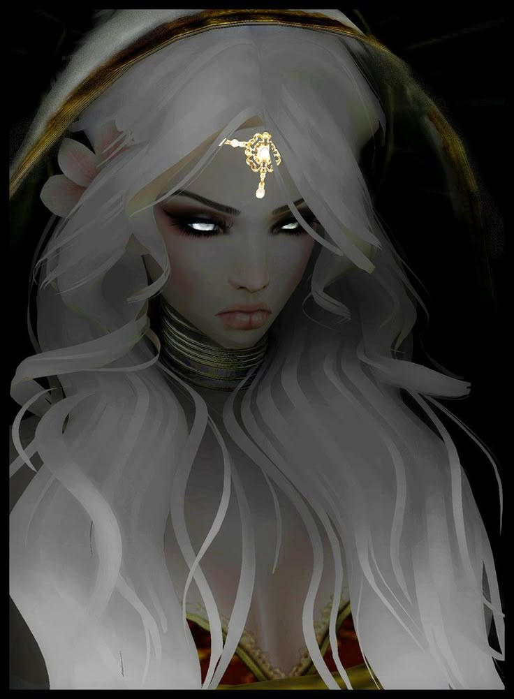 a digital painting of a woman with white hair and piercings on her head, wearing gold jewelry