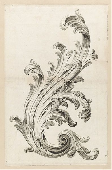 an ornate design with swirls and waves on it's sides, in black ink