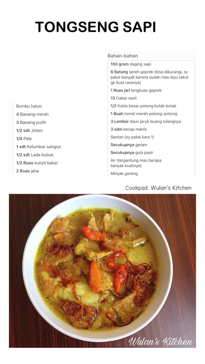 the recipe for tongseng sapi is shown in this brochure